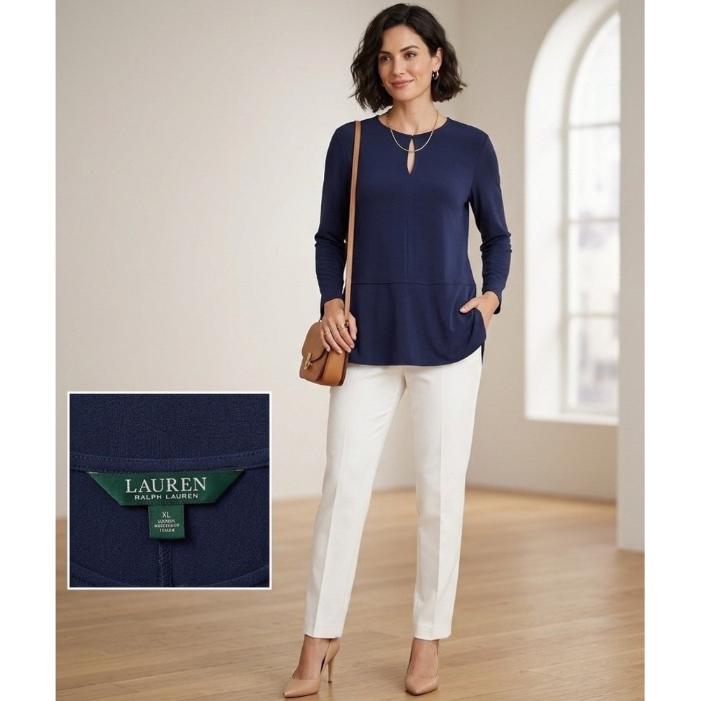 Lauren Ralph Lauren Tunic Top Womens XL Navy Blue Keyhole Long Sleeve
